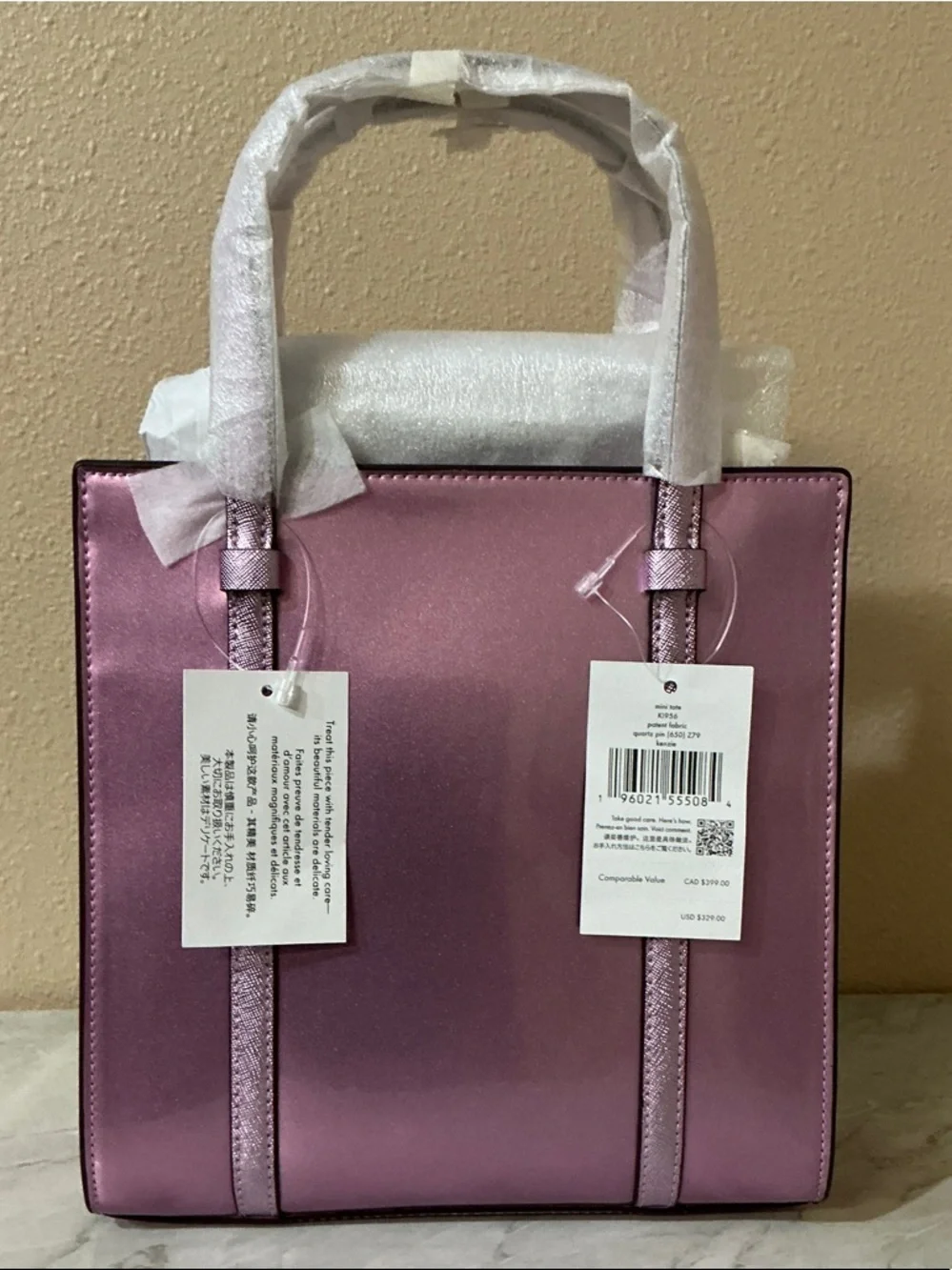 Kate Spade Mini Tote Patent Fabric Metallic Quartz Pink.